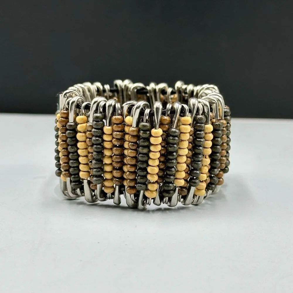 3/$30 Geneva Watch Women Silver Brown Wood Beads Safety Pins Stretch Band 7.25